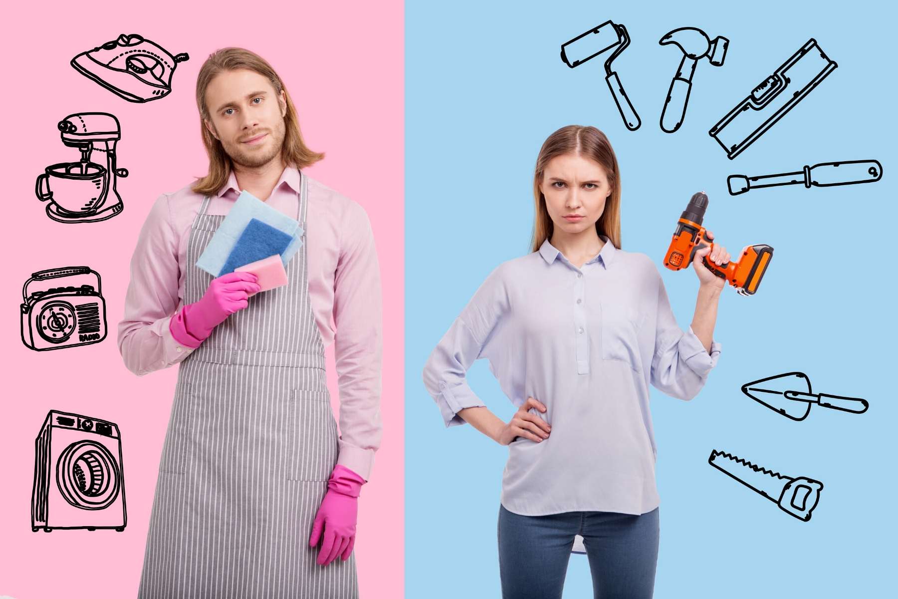 A man and a woman holding tools in front of a pink background.