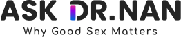Logo of "ask dr. nan" featuring stylized text with a gradient from purple to blue, accompanied by the tagline "why good sax matters" in gray.