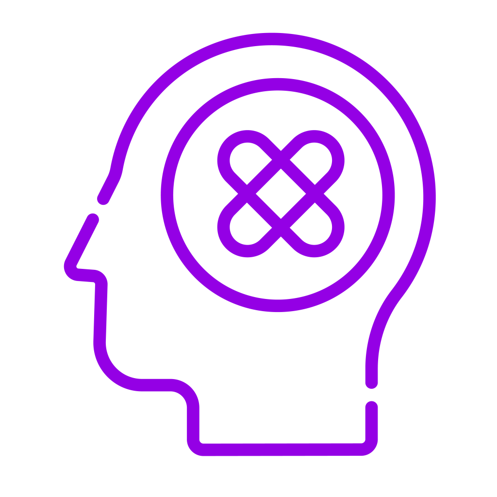 A purple outline icon of a human head.