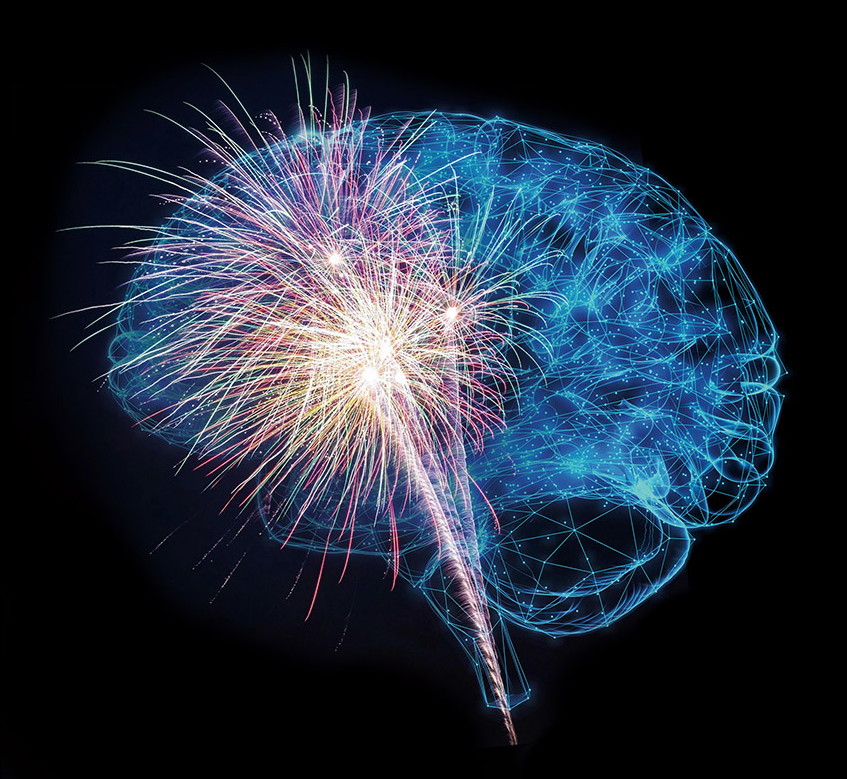 A brain with fireworks in the shape of a brain.