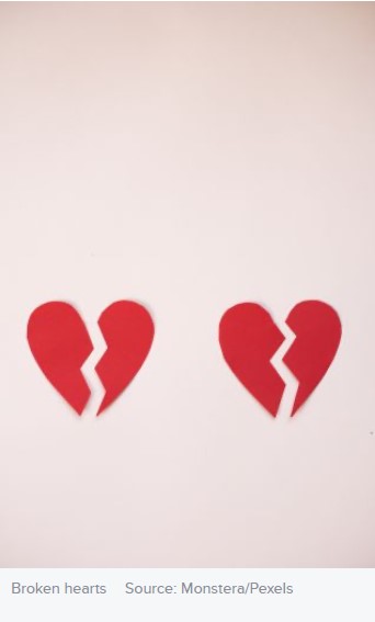 Two broken hearts on a white background.