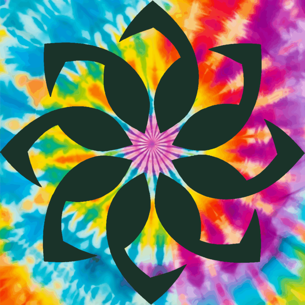A black geometric flower-shaped design overlays a vibrant, multicolored tie-dye background.