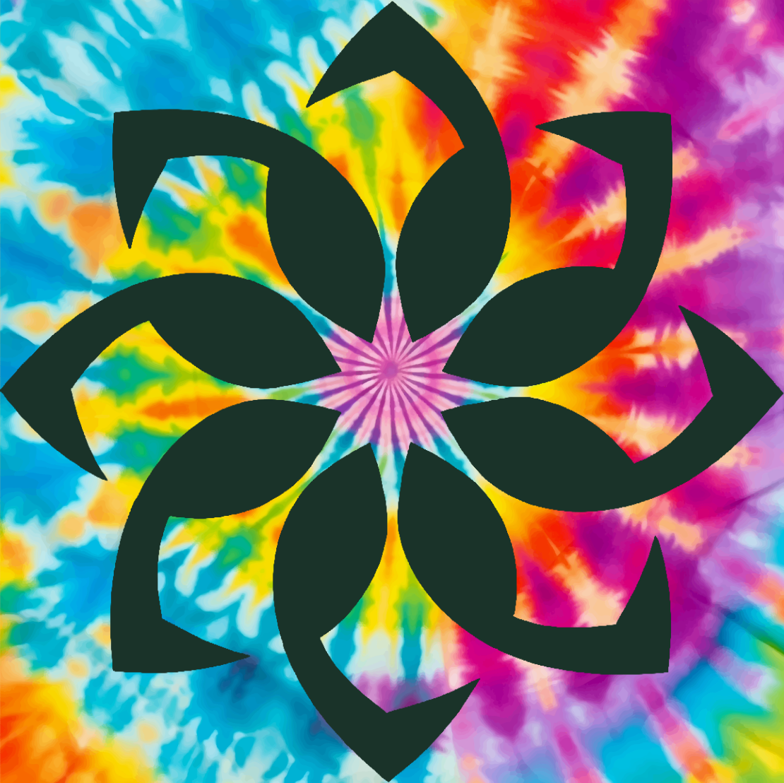 A black geometric flower-shaped design overlays a vibrant, multicolored tie-dye background.