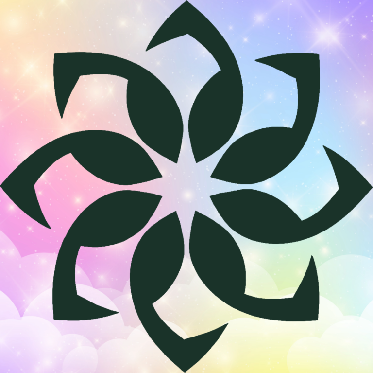 A dark green abstract floral or pinwheel shape with six curved petals on a pastel rainbow sky background with clouds and stars.